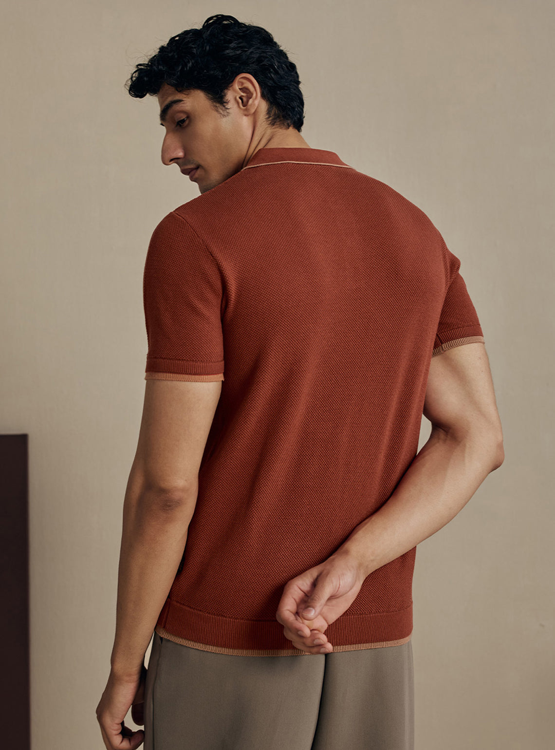 Burnt Rust Moss Knit Cotton Polo