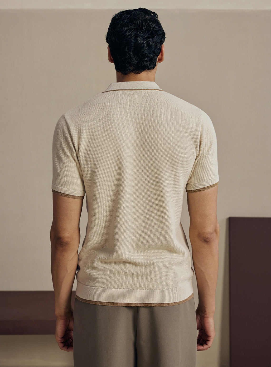 Chalky Off White Moss Knit Cotton Polo