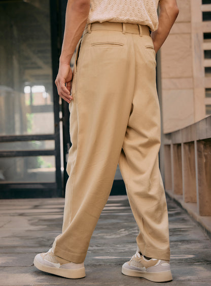 Camel Khaki Cotton Pleated Trousers