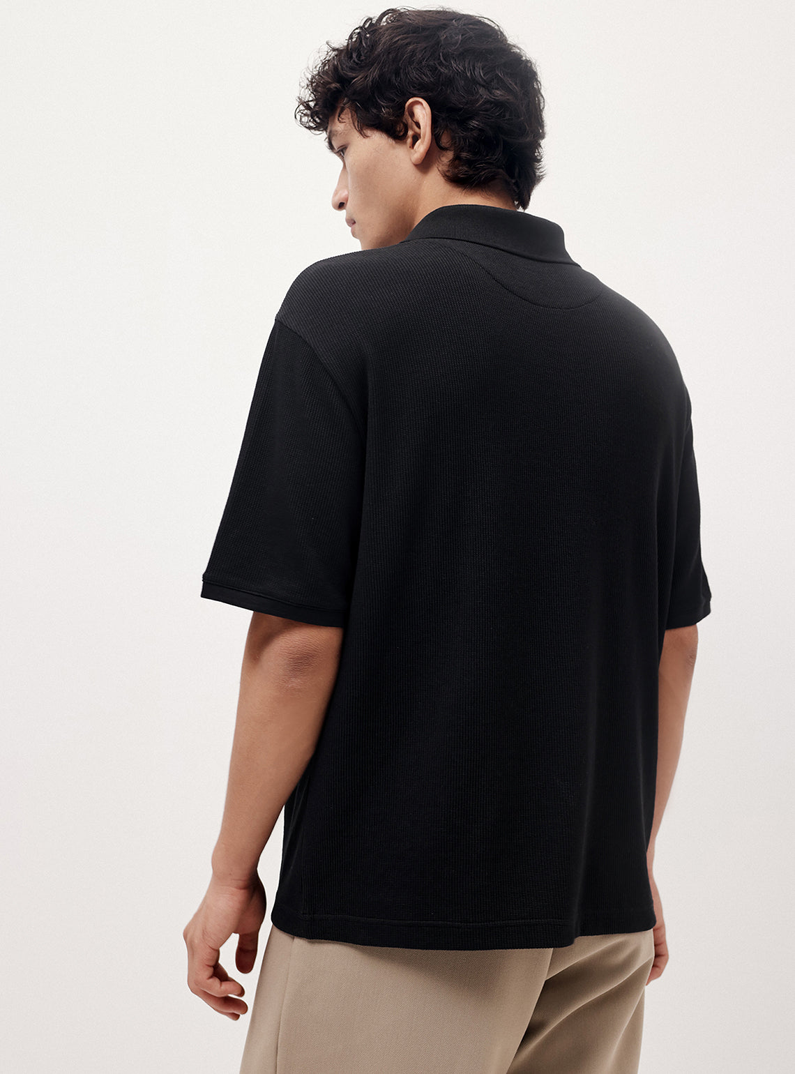 Bunker Black Cotton Blend Waffle Knit Polo