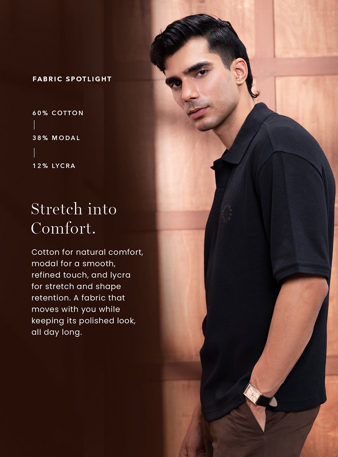 Bunker Black Cotton Blend Waffle Knit Polo