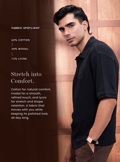 Bunker Black Cotton Blend Waffle Knit Polo