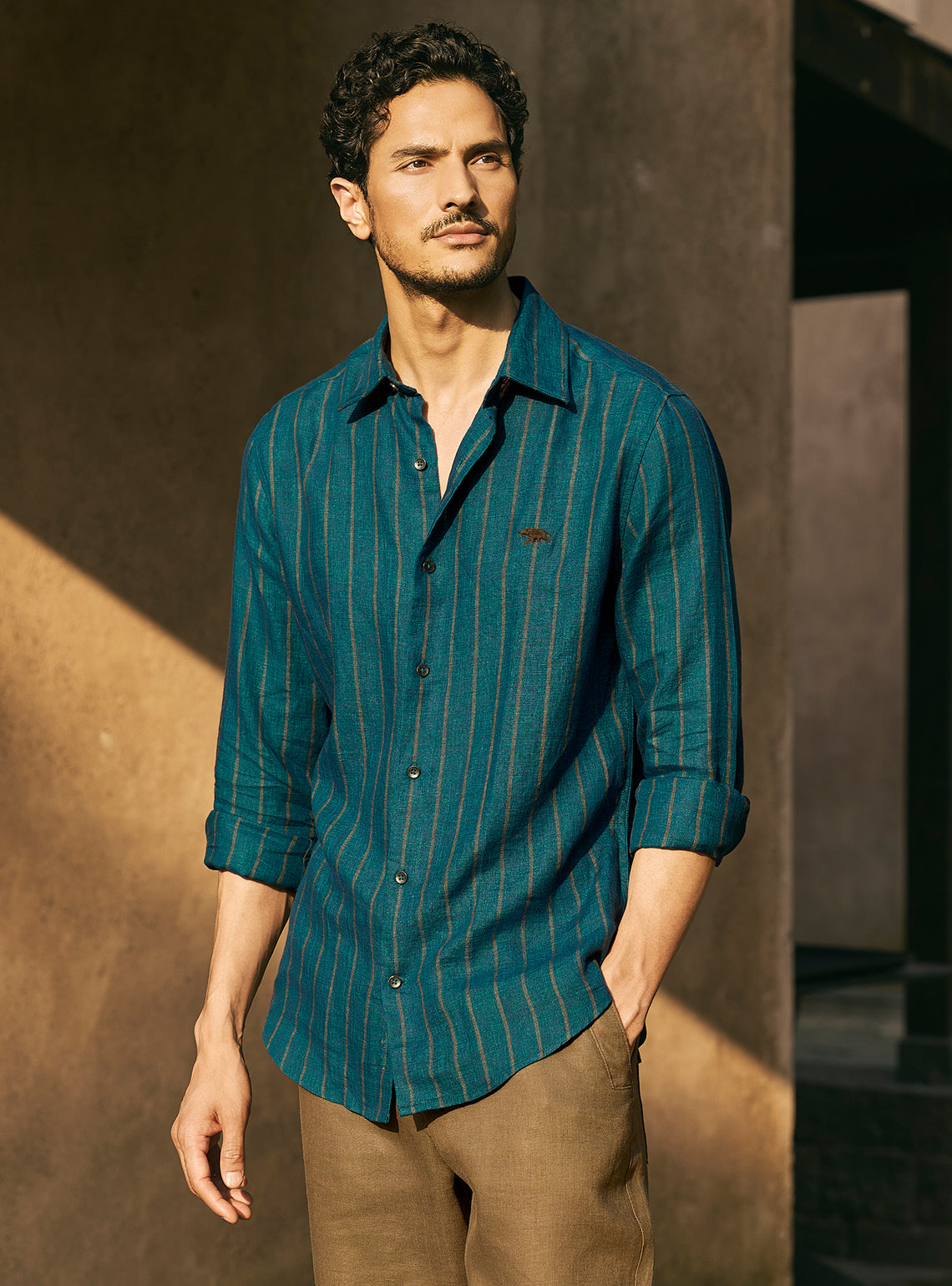 Breeze Teal European Linen Stripe Shirt