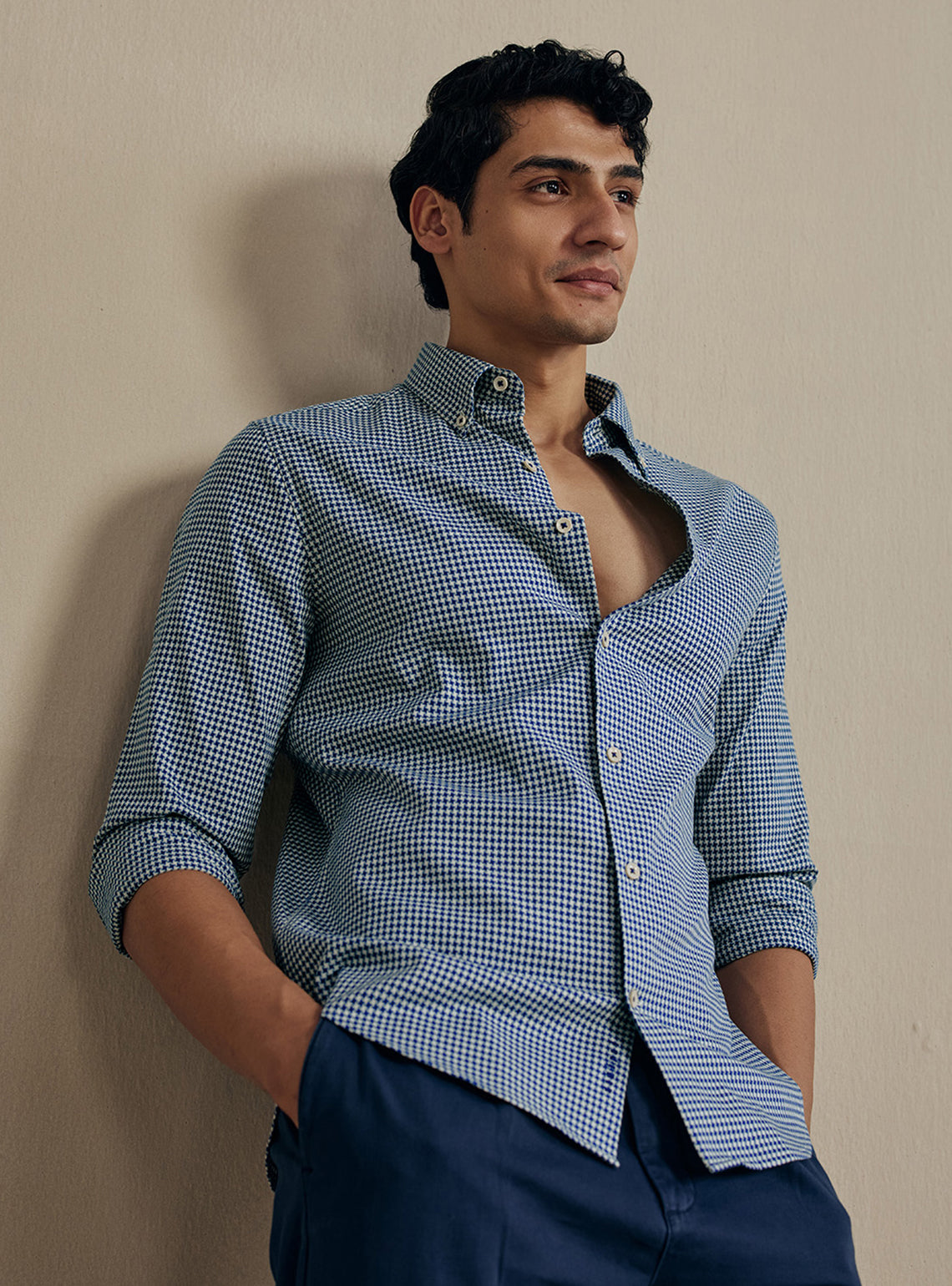 Deep Blue Houndstooth Dobby Cotton Shirt