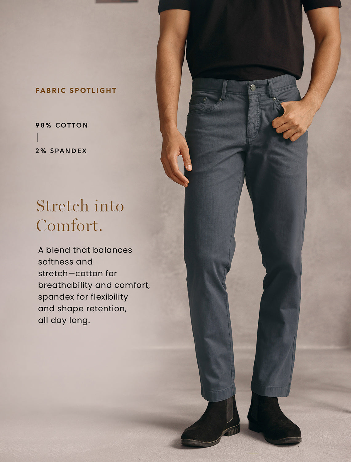Saddle Brown Cotton Blend Overdye Denim Chinos