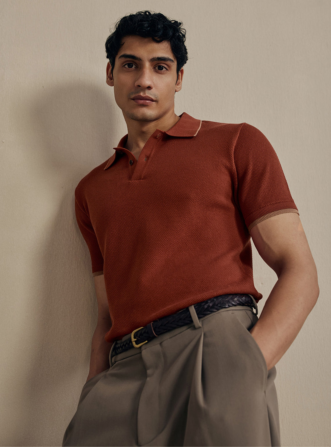 Burnt Rust Moss Knit Cotton Polo