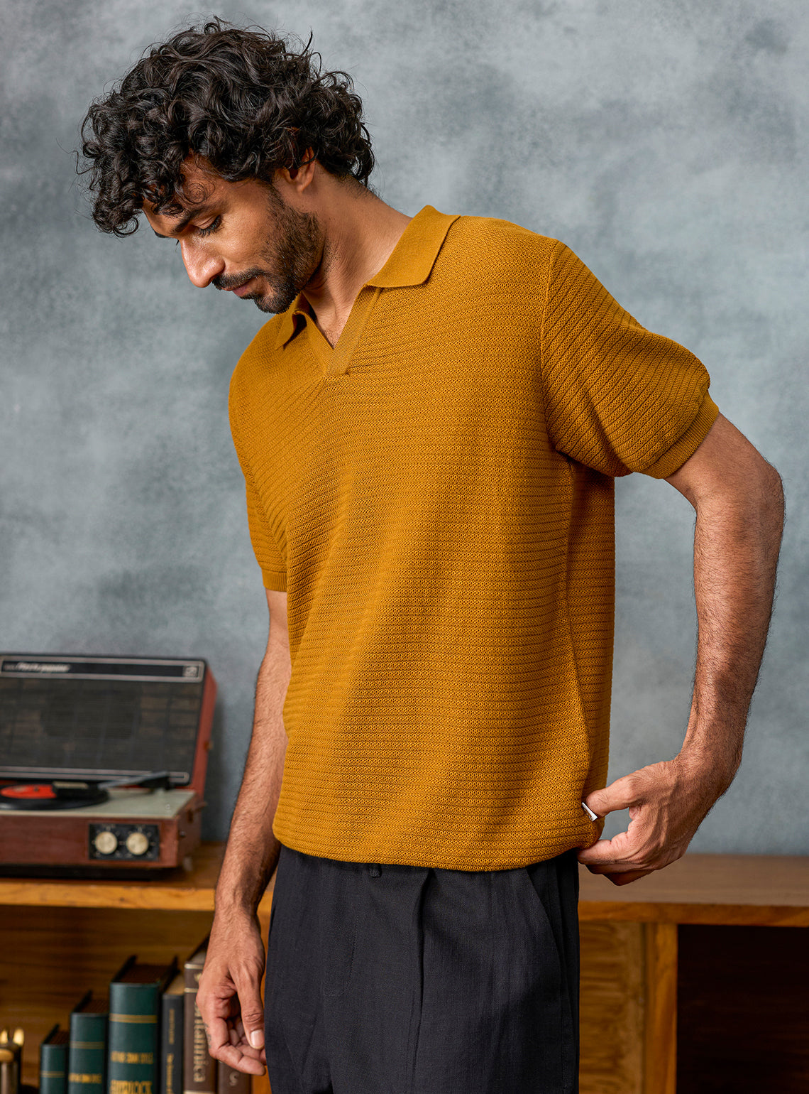 Checkmate Mustard Textured Cotton Polo