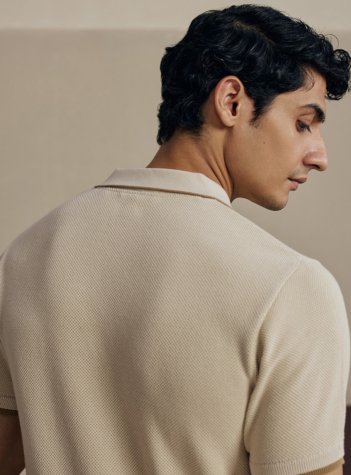 Chalky Off White Moss Knit Cotton Polo