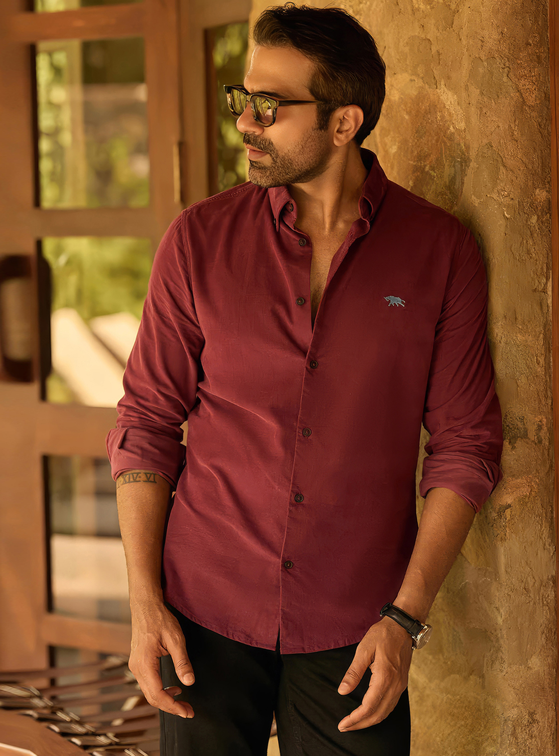 Burgundy Oxide Cotton Blend Corduroy Shirt