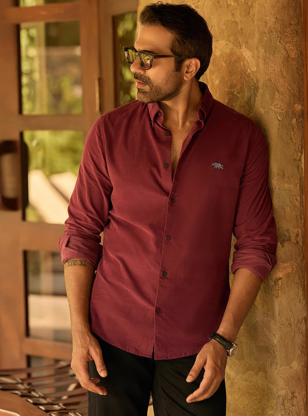 Burgundy Oxide Cotton Blend Corduroy Shirt