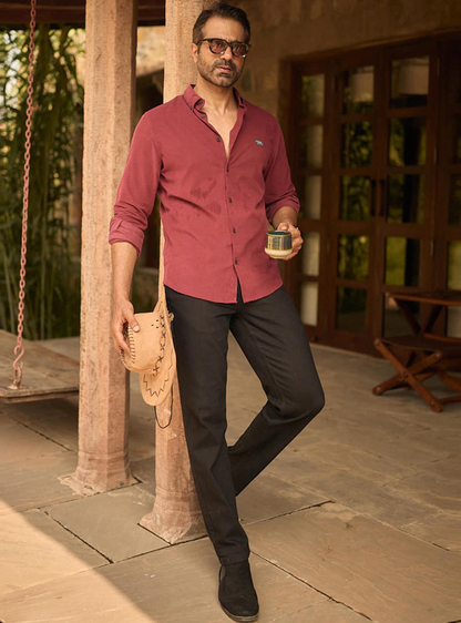 Burgundy Oxide Cotton Blend Corduroy Shirt