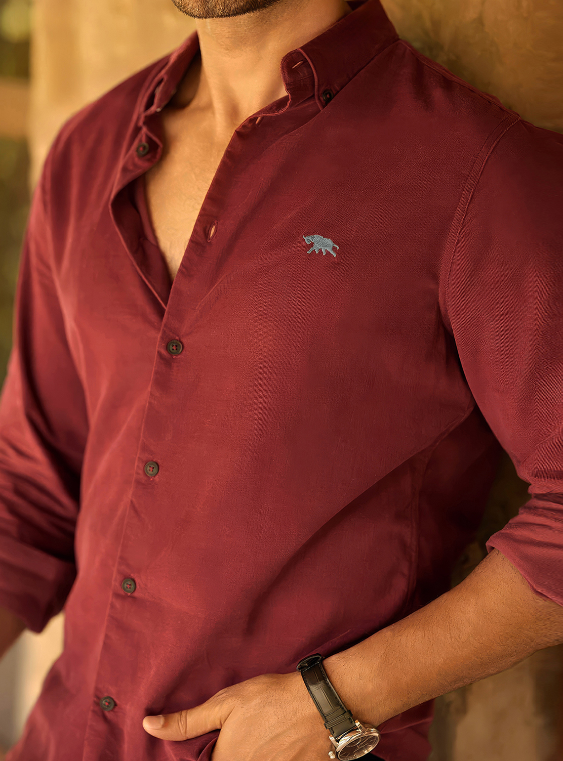 Burgundy Oxide Cotton Blend Corduroy Shirt