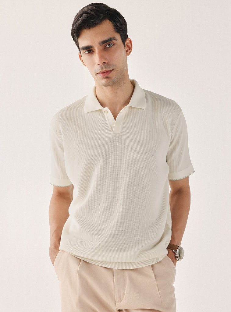 Buy Dawn White Cotton Textured Polo | Casual White Structure Polo Neck ...