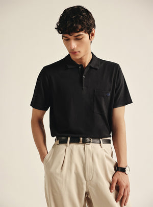Ink Black Cotton Stretch Pocket Polo