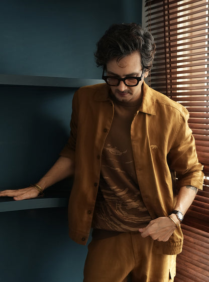 Tan Linen Bomber Jacket