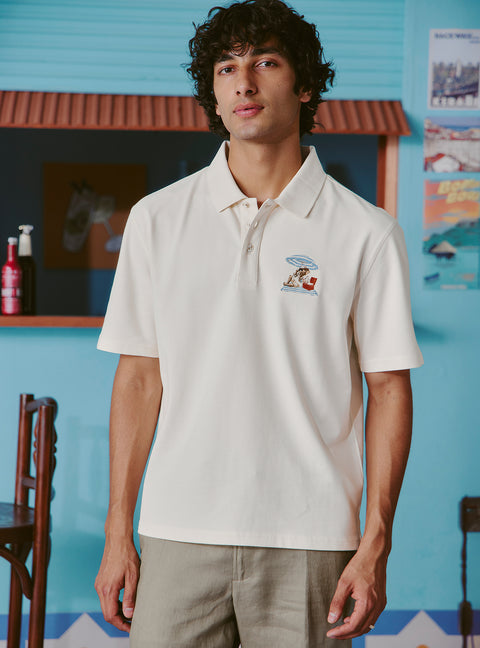Vesper White Cotton Stretch Embroidered Polo