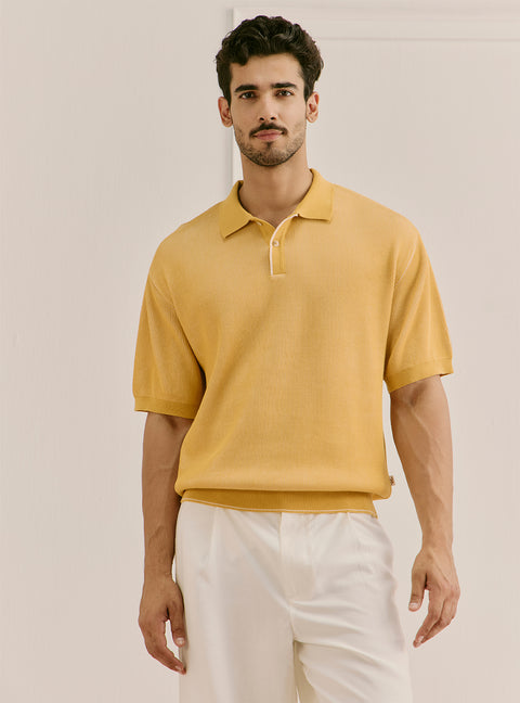Solctice Yellow Cotton Structured Knit Polo