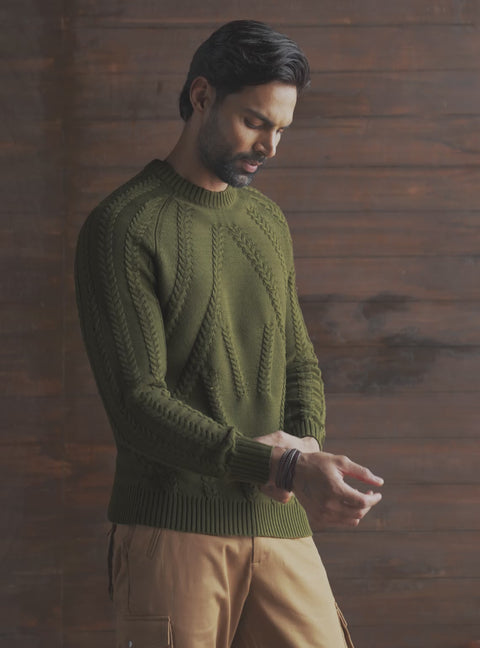 Canopy Olive Cable Cotton Wool Pullover