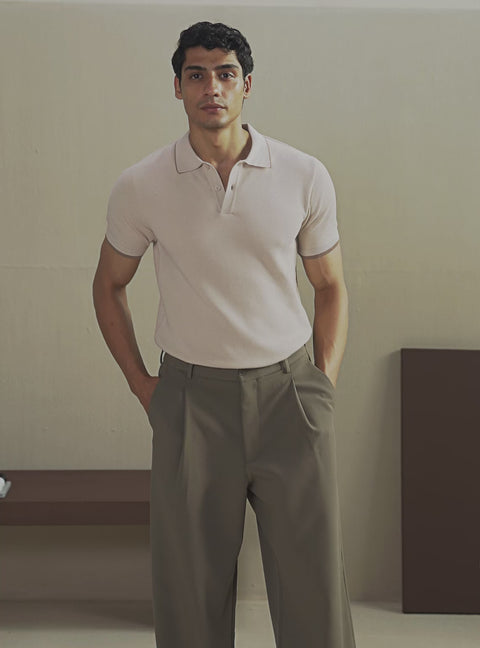 Chalky Off White Moss Knit Cotton Polo