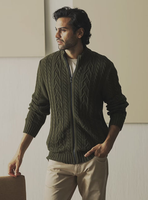 Moss Olive Cotton Cables Jacket