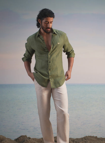 Moss Olive Linen Dobby Shirt