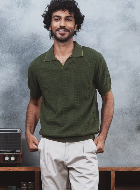 Gambit Olive Textured Cotton Polo
