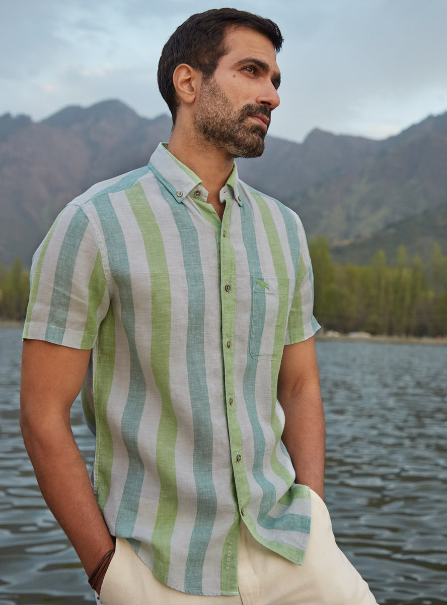 Buy Mosstrail Linen - Half | Rise Lime Green Solid Shirt for Men Online ...
