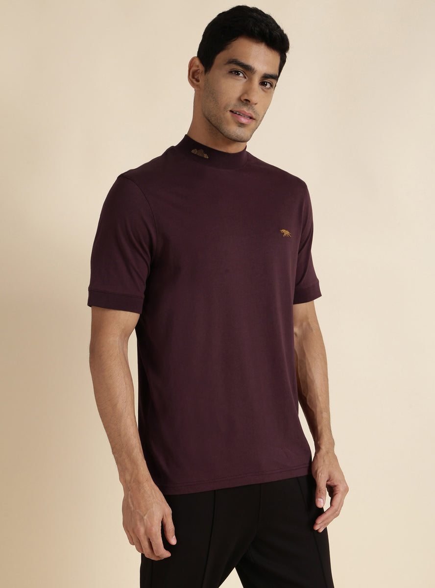 Buy Mahogany Mock Neck | Casual Burgundy Solid Polos & Tees for Men ...