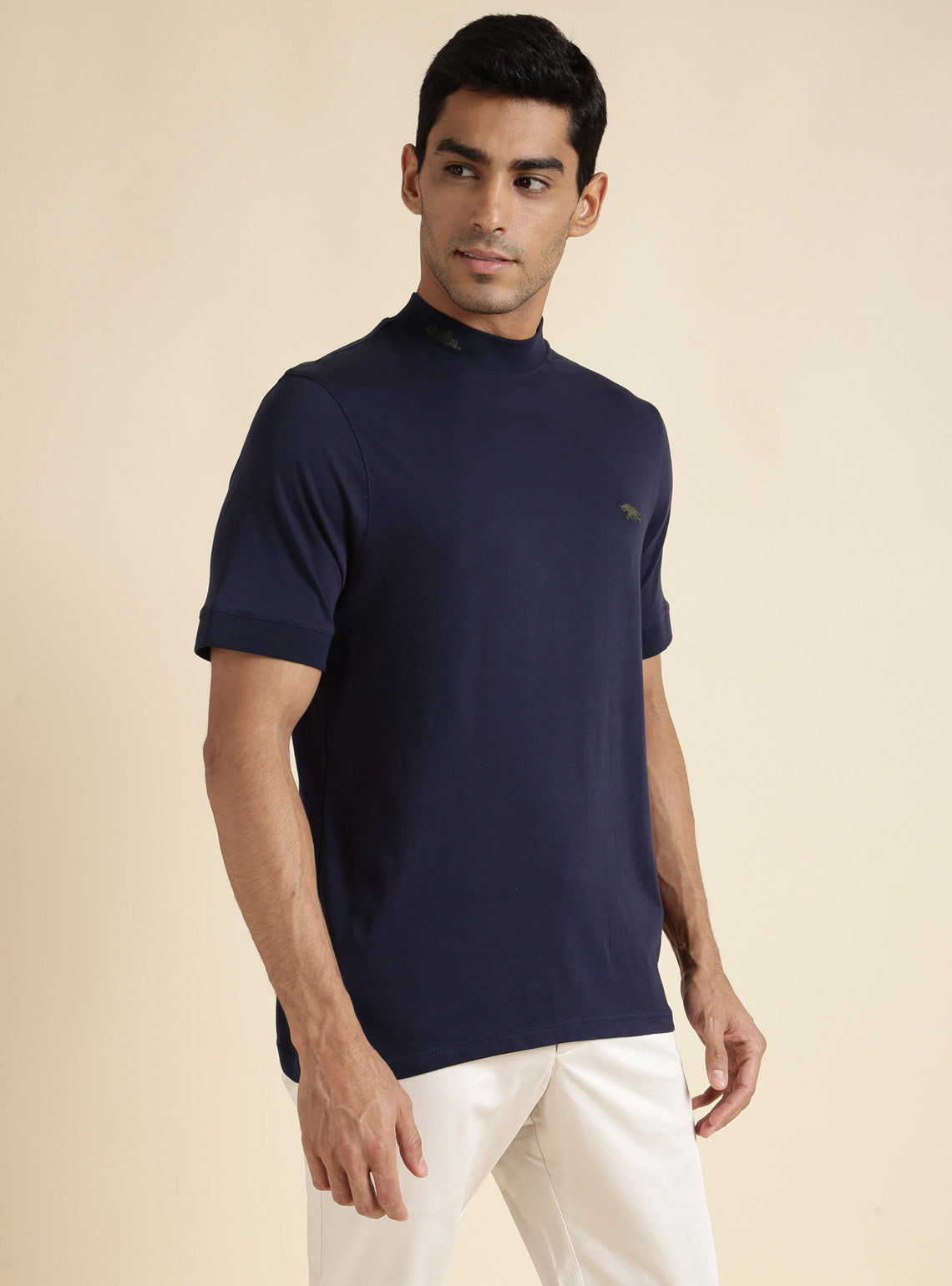 Buy Denim Blue Mock Neck | Casual Navy Solid Polos & Tees for Men ...