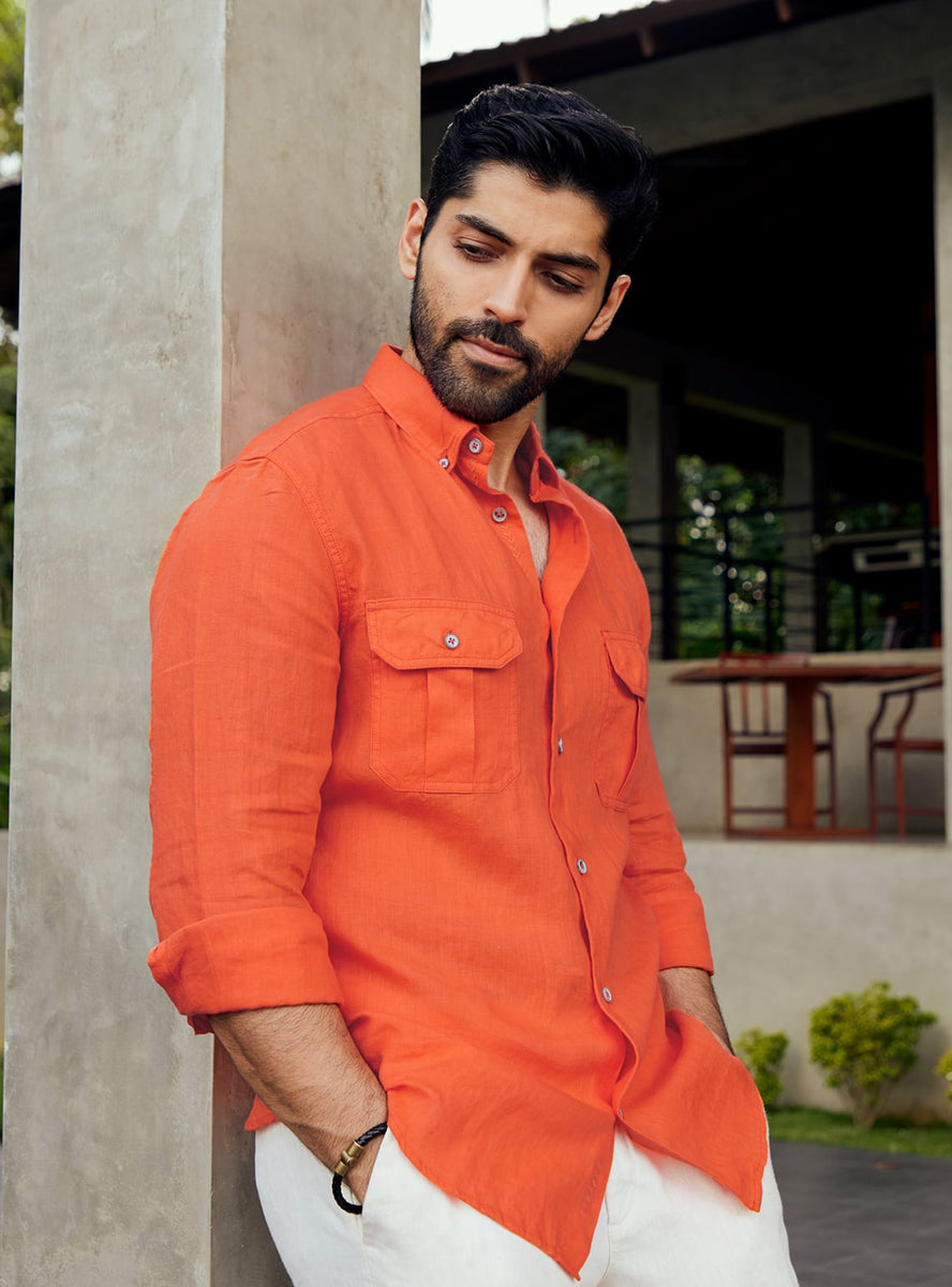 Buy Vivid Saffron Shirt | Casual Orange Solids Shirts for Men Online ...