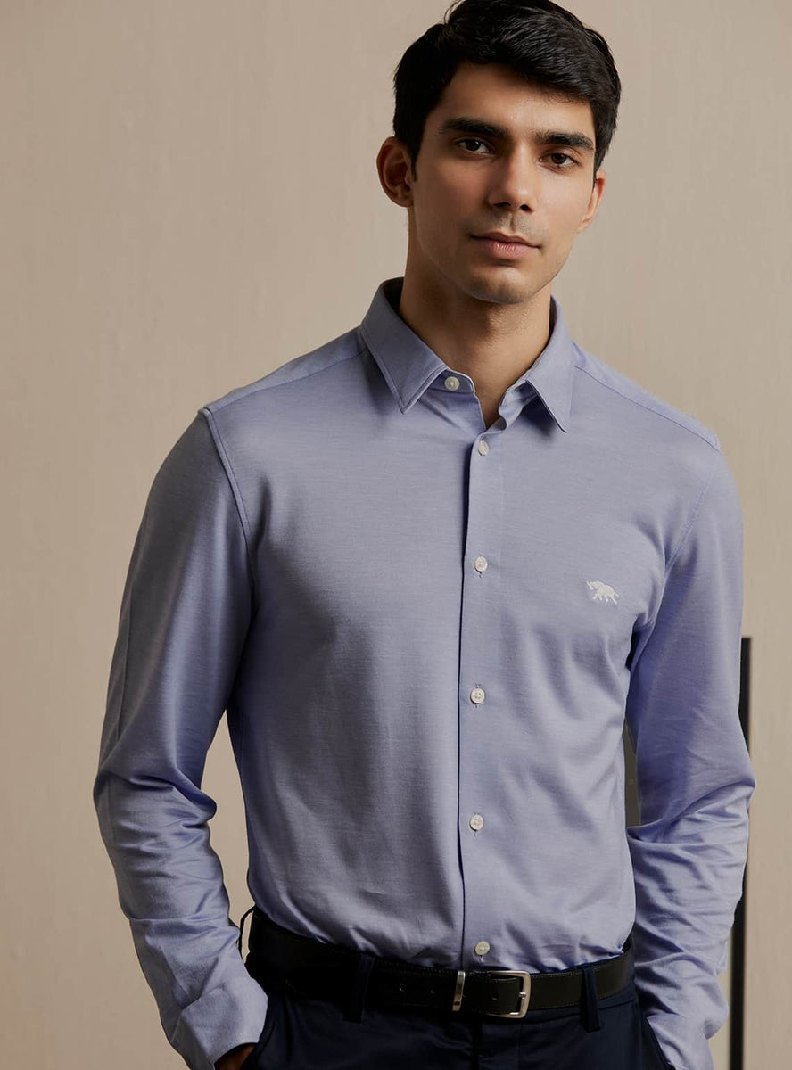 Buy Steam Knit Shirt Semi Formal Blue Structure Shirt for Men Online