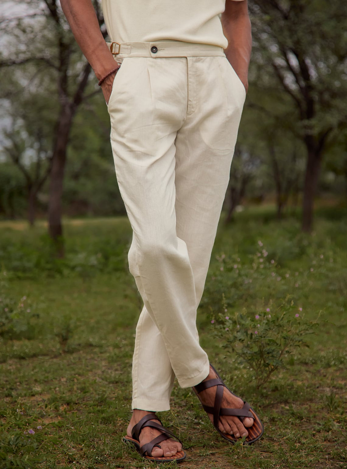 Buy Cream Linen Pant, Casual Beige Solid Bottomwear for Men Online
