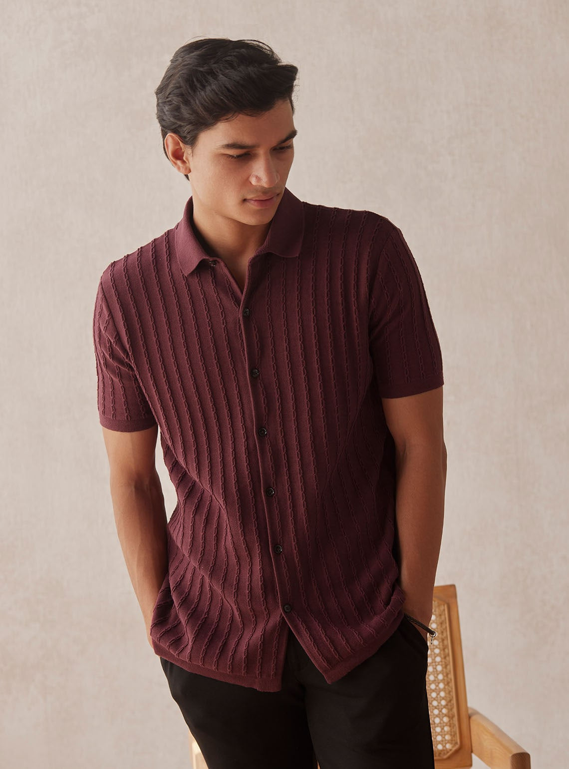 Burgundy Cable-Knit Shirt