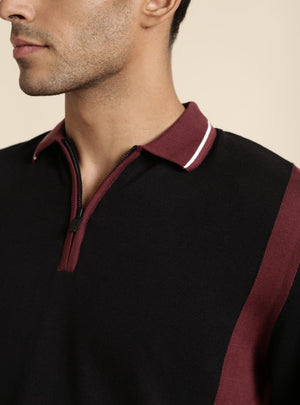 Burgundy Colour Block Polo Sweater