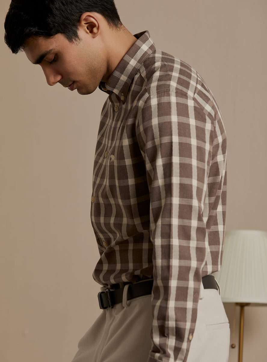 Buy Rustic Grid Shirt | Semi Formal Brown Check Shirts for Men Online ...